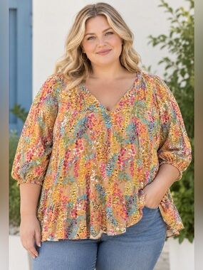 Chicsoul Sz 1X Multicolor Floral V-Neck Peasant Top Tiered Hem